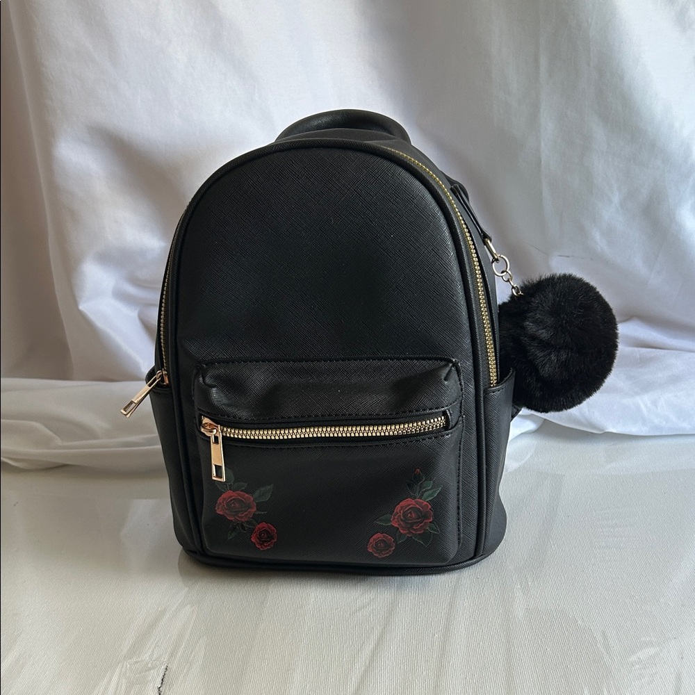 LD Elegant Black Small Backpack with Rose Accents